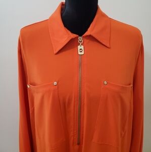 Michael Kors Stylish Orange Collared  Long Roll Tab Sleeved XL Blouse